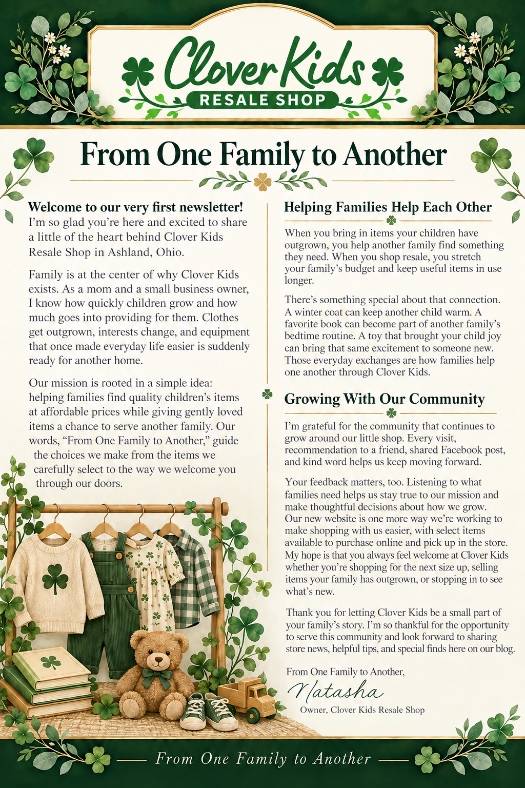 Clover Kids first newsletter: From One Family to Another
