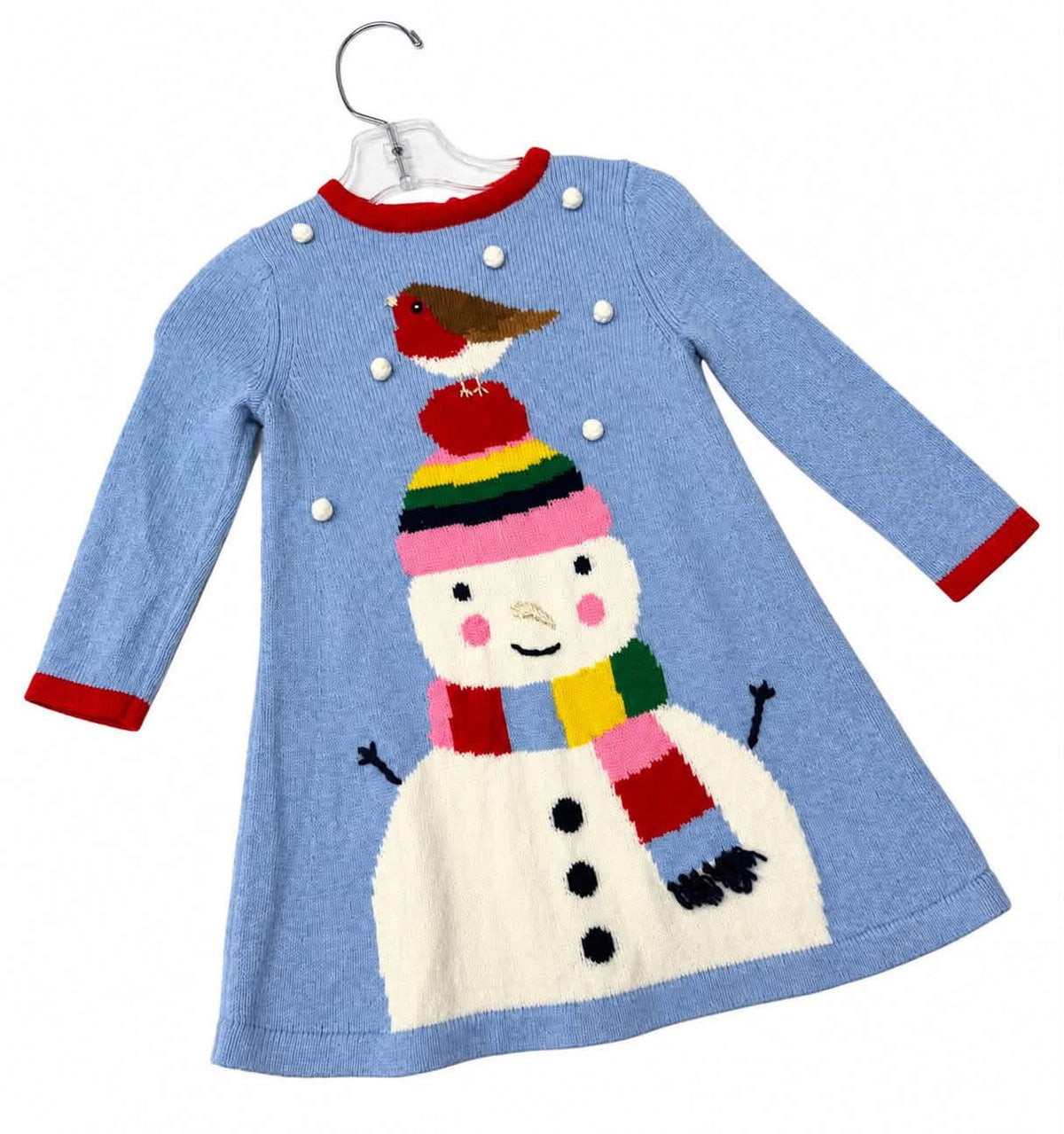Mini Boden blue snowman intarsia knit sweater dress size 5 with red trim and pom poms