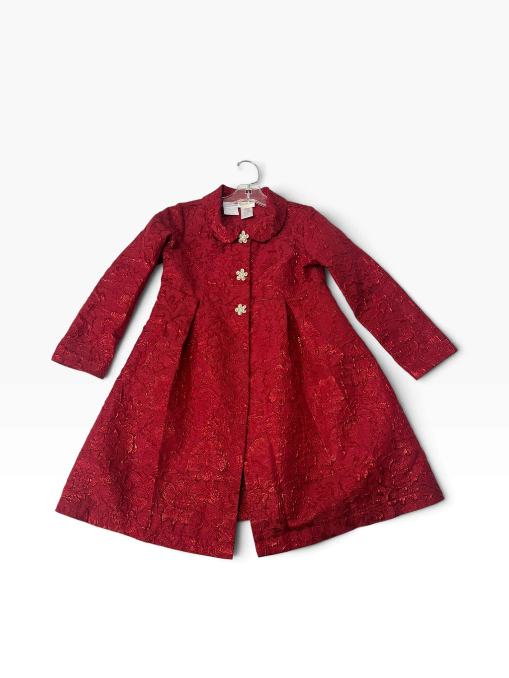 Bluebird Gold red brocade girls coat size 6X hanging on hanger