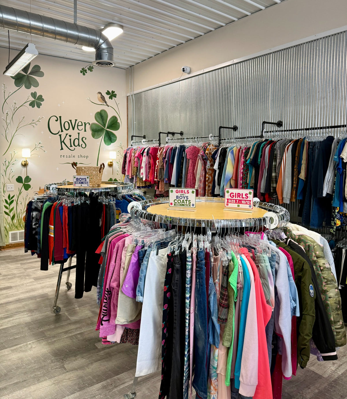 Children’s clothing displayed at Clover Kids Resale Shop